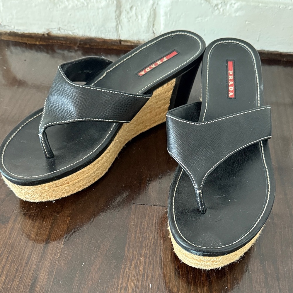 Prada Black and Tan Wedge Sandals